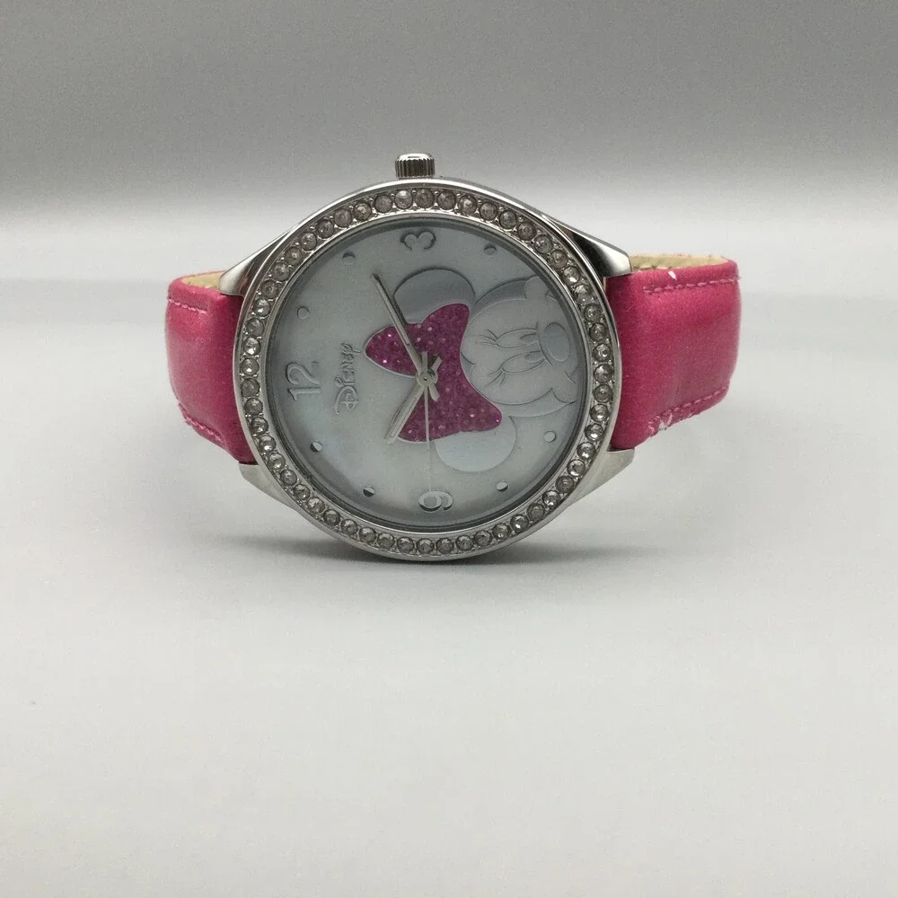 Disney Minnie Mouse Womens Watch 40mm MOP Dial Pink Leather MN1044 New Battery